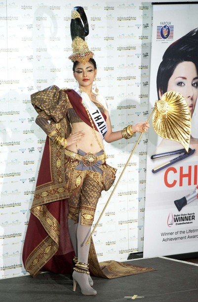 Miss Thailand Fonthip Watcharatrakul poses in her national costume at the Mandalay Bay Resort and Casino in Las Vegas